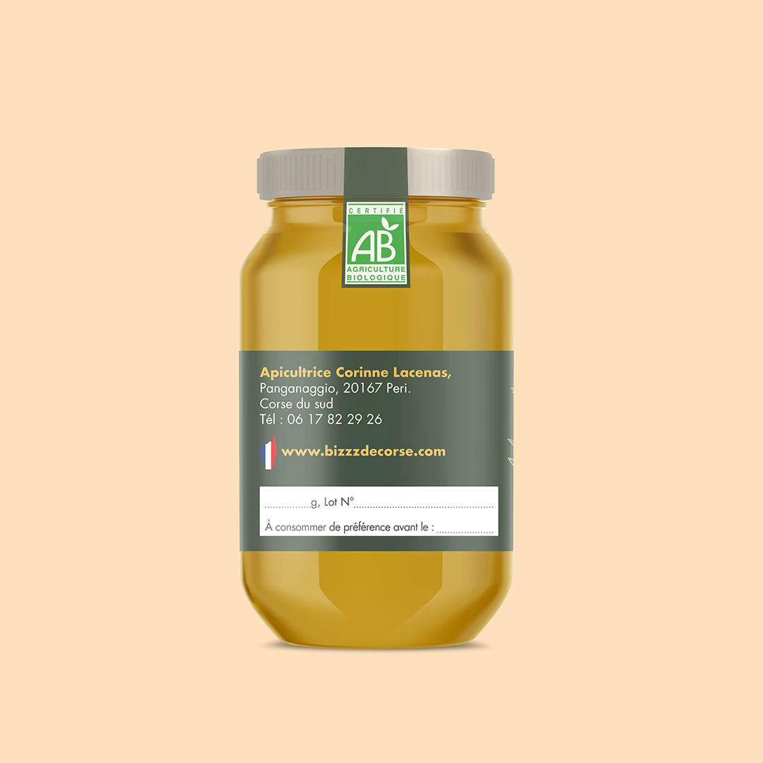 Logo pour marque de miel de corse, décliné sur carte de visite et packaging. Miel de corse. Fond vert olive et dorure.