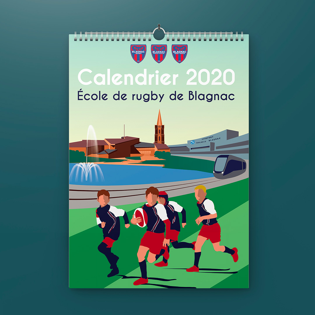 Édition 2020 du calendrier de l'association de l'École de rugby de Blagnac. Creation de l'illustration de couverture.
