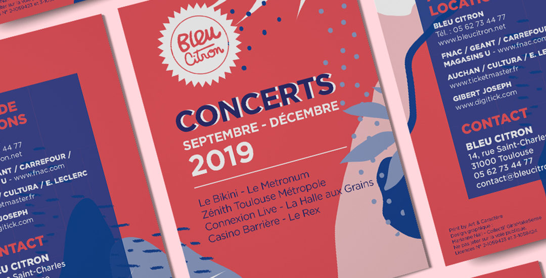 Programmes de concerts et spectacles pour Bleu Citron saison 2019. Fond coloré et végatal. Toulouse