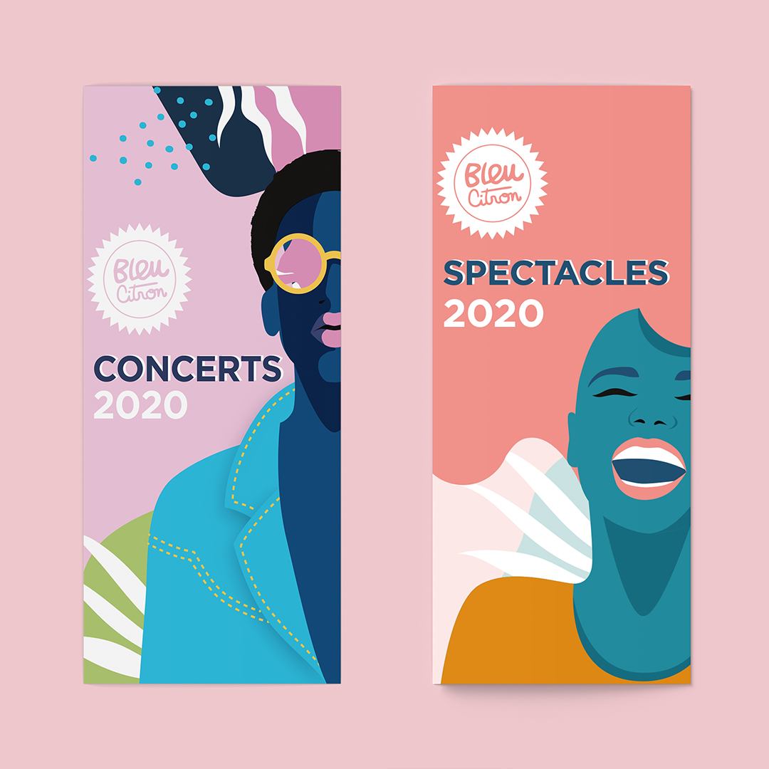 Programmes de spectacles et concerts saison 2020 de Bleu Citron. Programes sous forme de dépliants, coloré et végétal. Avec illustrations de visages de femmes
