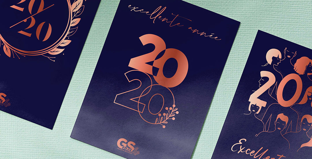 Cartes de voeux 2020 faites à la main avec du papier thermique, foil art, illustration. Bonne année